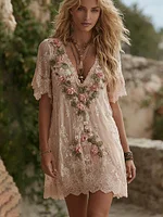 Women's Vintage Pink Floral Art Flowy Linen Blend Casual Short Sleeve Mini Dress