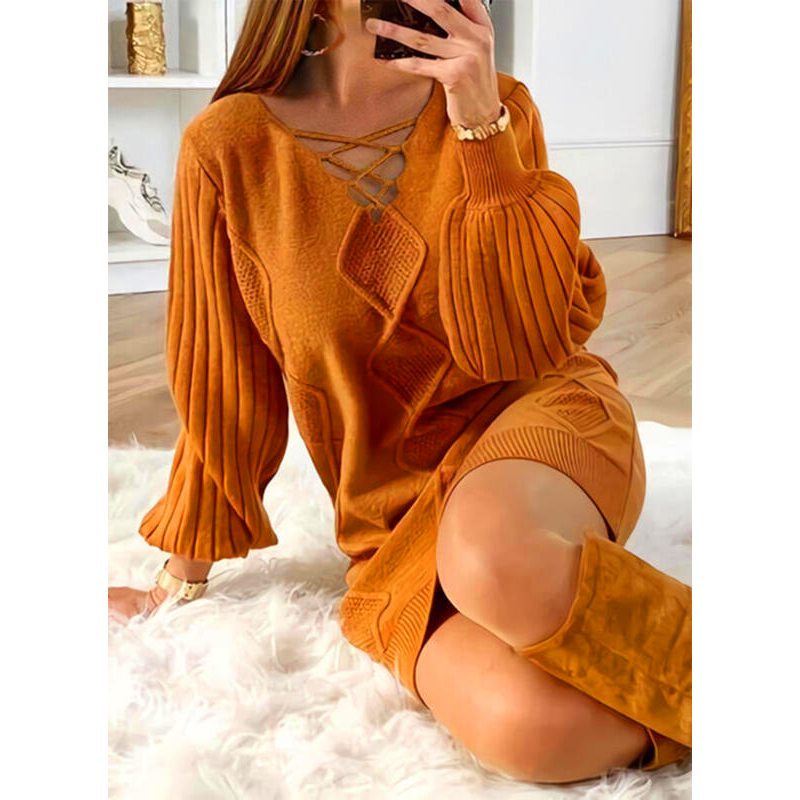 Solid V-Neck Cross Strap Puff Sleeve Knitted Dress