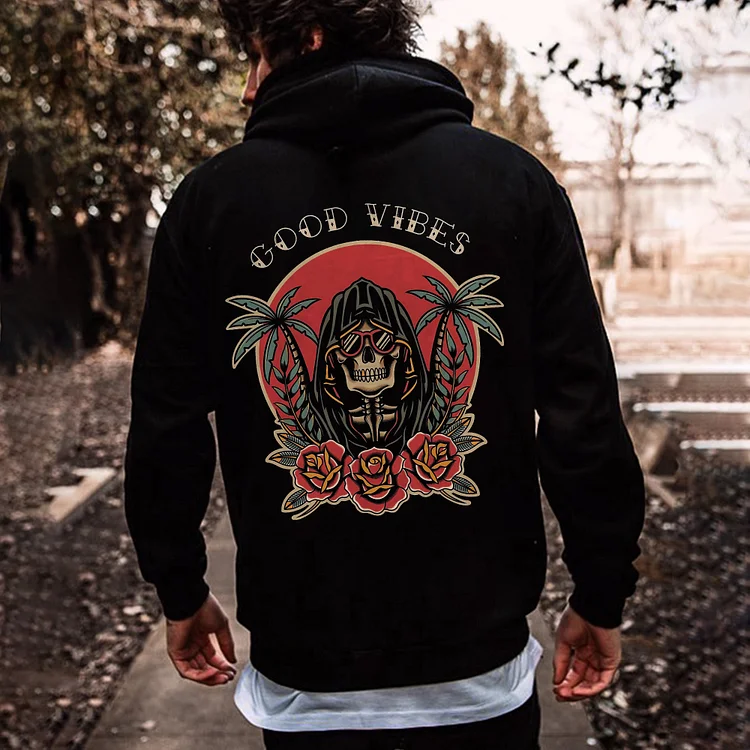 Good Vibes Skull Printed Men's Hoodie