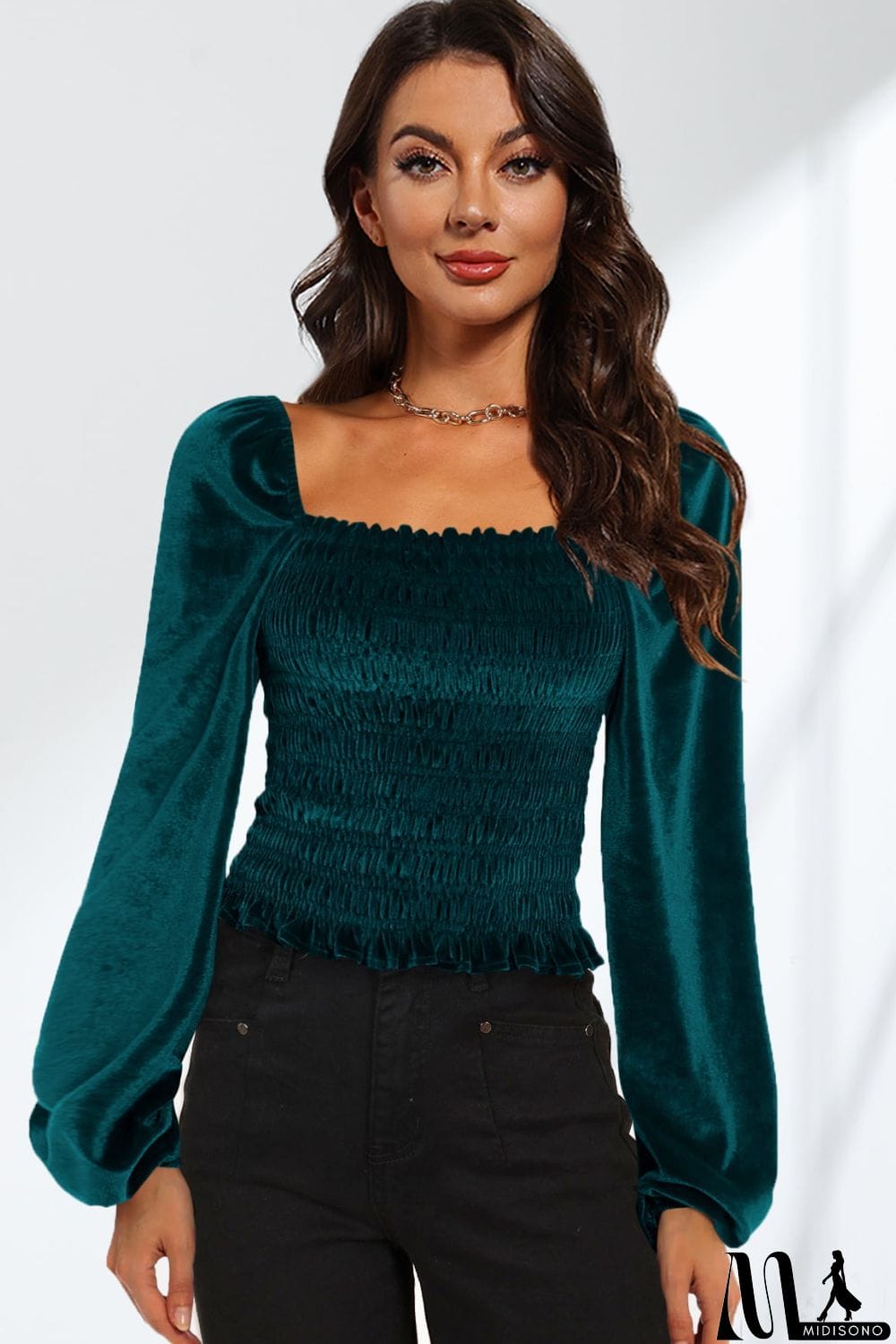 MidiSono - Smocked Square Neck Long Sleeve Blouse