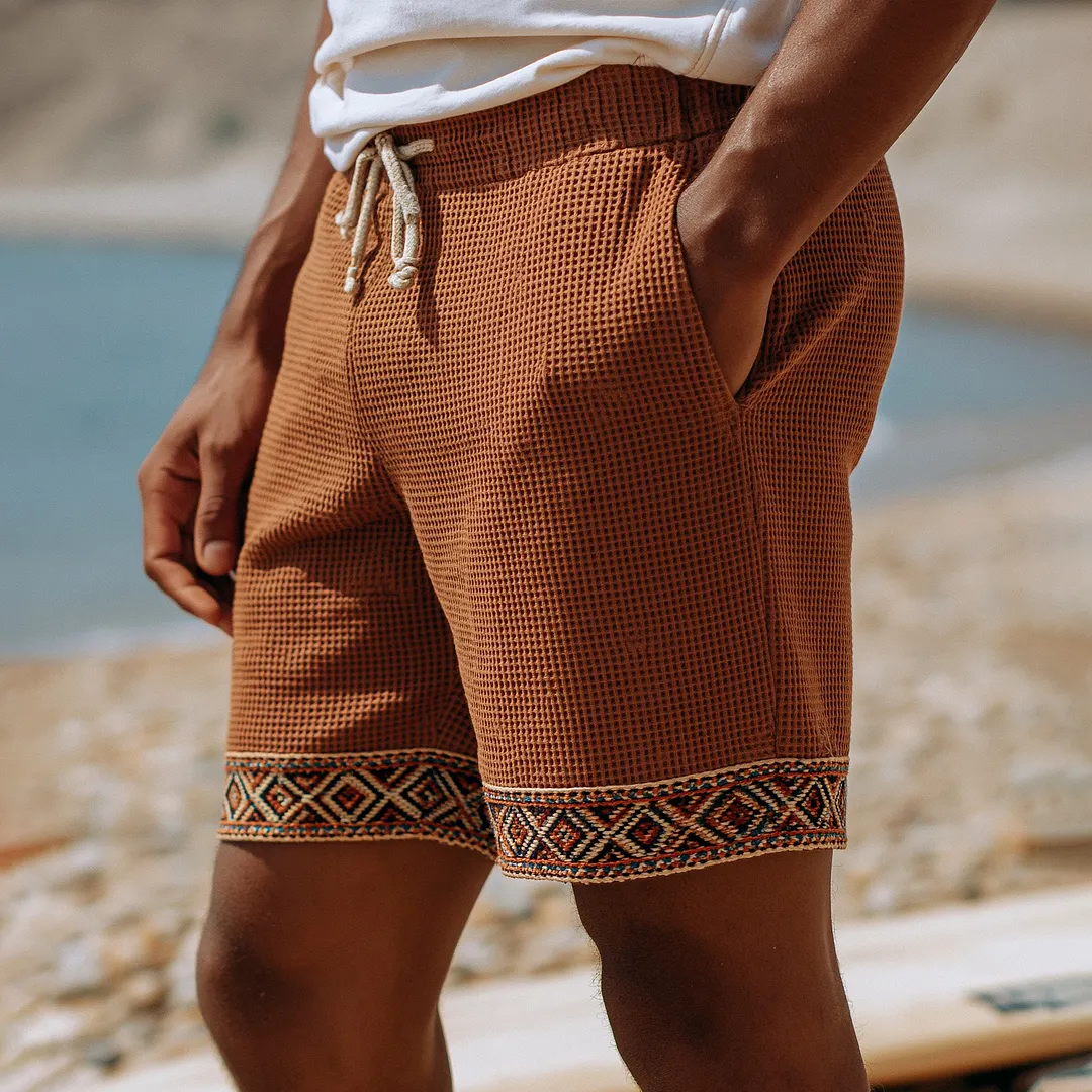 Waffle Knit Cotton Men's Shorts With Ethnic Hem Pattern Lightweight Summer Beachwear-INSPIREUSE