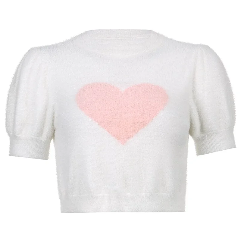 HEYounGIRL Casual Furry Puff Sleeve Cropped Tshirt Sweat Cute White Summer Knitted T Shirt Women Heart Print Fashion T-shirt