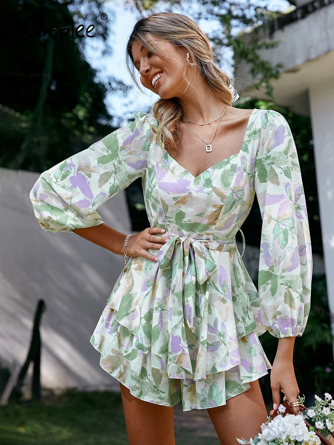 Simplee Holiday sash long sleeve ruffle print romper summer women Lace up floral short overall A-line v-neck beach rompers 2022