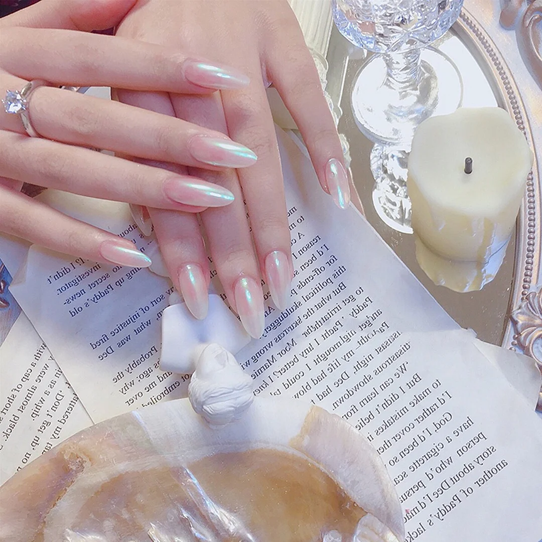 Mermaid Color Auroral Color Shell Fairy Fake Nail Art Wearable False Nails With Glue And Sticker 24pcs/box-Nail Inspo