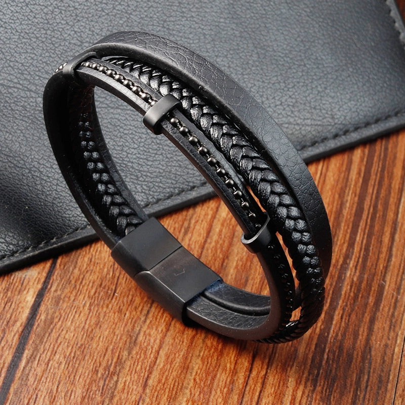 Black Leather Rope Cowhide Men's Double-Layer Stainless Steel Authentic Leather Weave Bracelet Handmade Multi-Layer Leather Bracelet 86