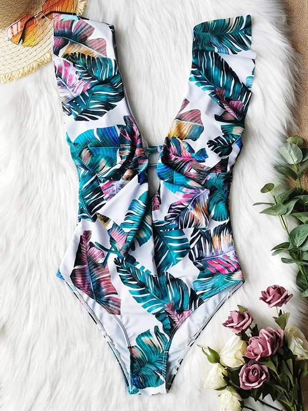 Floral Falbala Backless  One-Piece Swimsuit 
