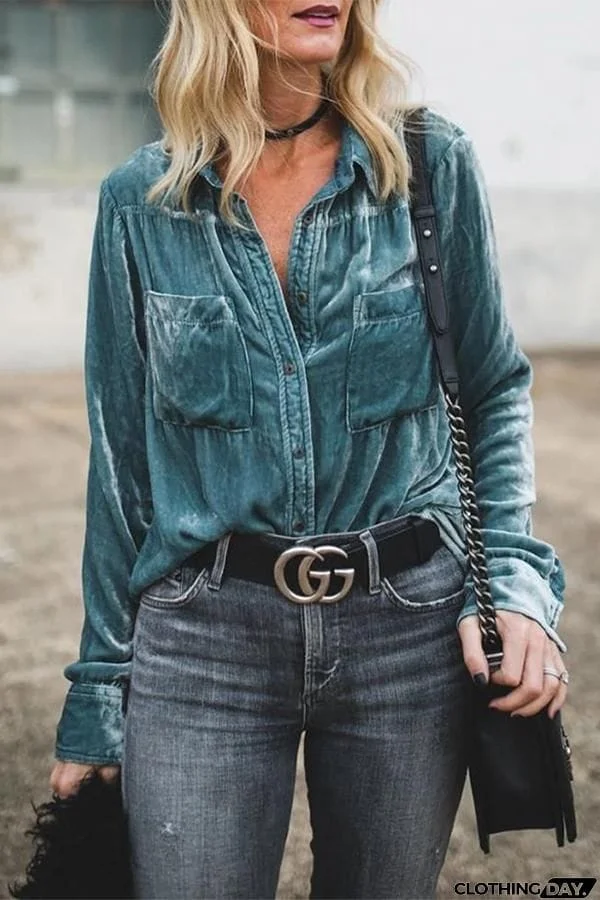 Women'S Retro Velvet Pocket Long Sleeve Shirt
