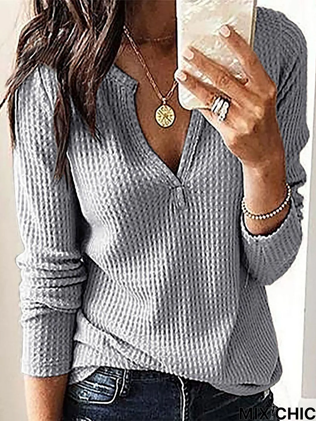 Women Plain Autumn Casual V neck Micro-Elasticity Vintage Solid Long Sleeve shirt & Top