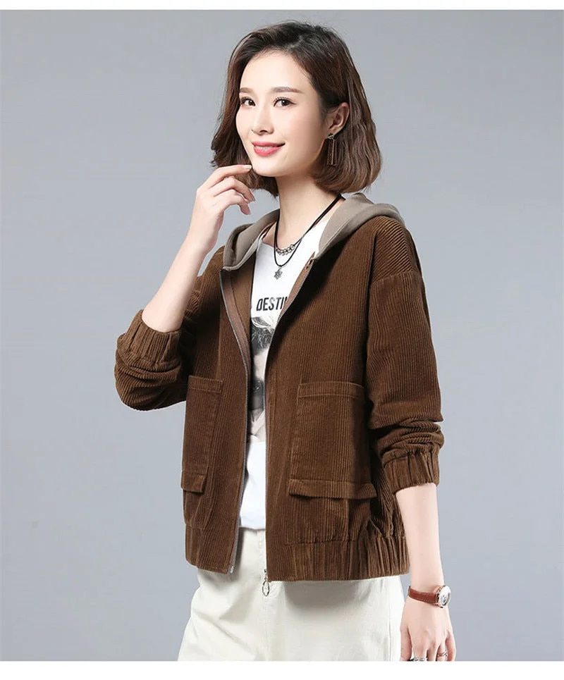 Spring Autumn New Women Jackets Corduroy Coat Streetwear Hooded Casual Windbreaker Female Zippers Jacket Outerwear Plus Size 3xl