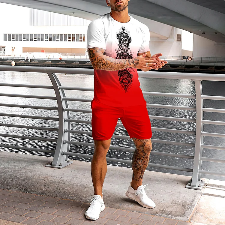 Red And White Gradient Print T-Shirt And Shorts Two-Piece Set