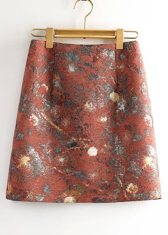 Vintage Brick Red Zip Up Patchwork Jacquard Cotton A Line Skirts Spring