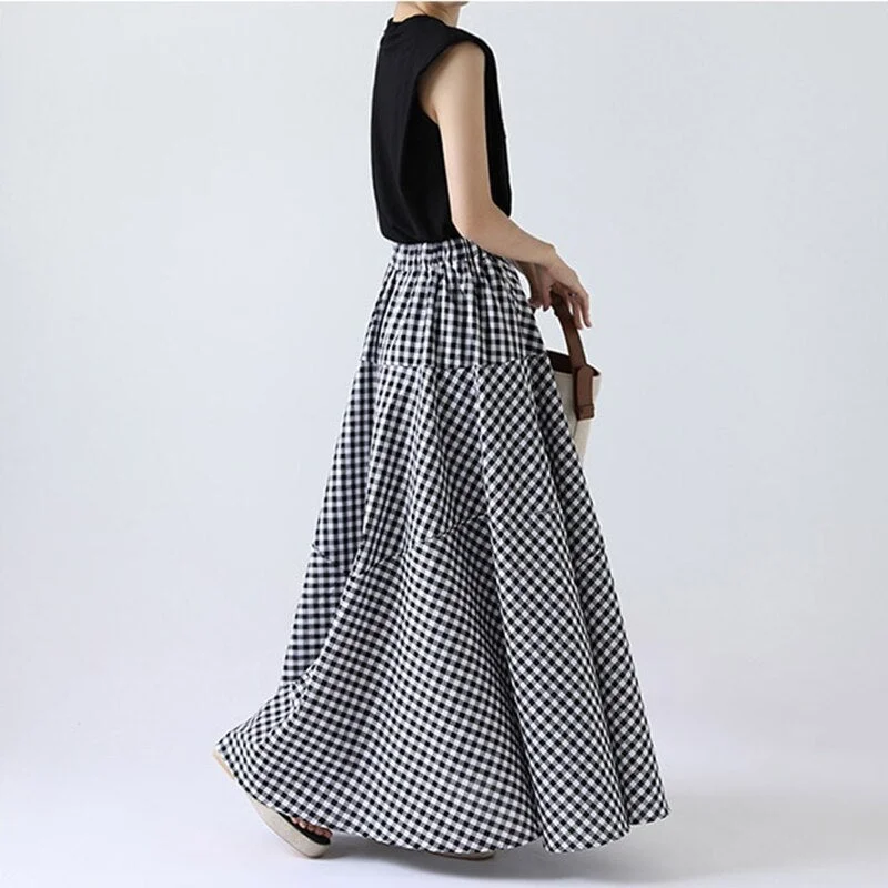 Huibahe Women Big Swing Plaid A-line Skirt Casual Lazy Elastic Waist Long Skirt For Spring Summer QT2054