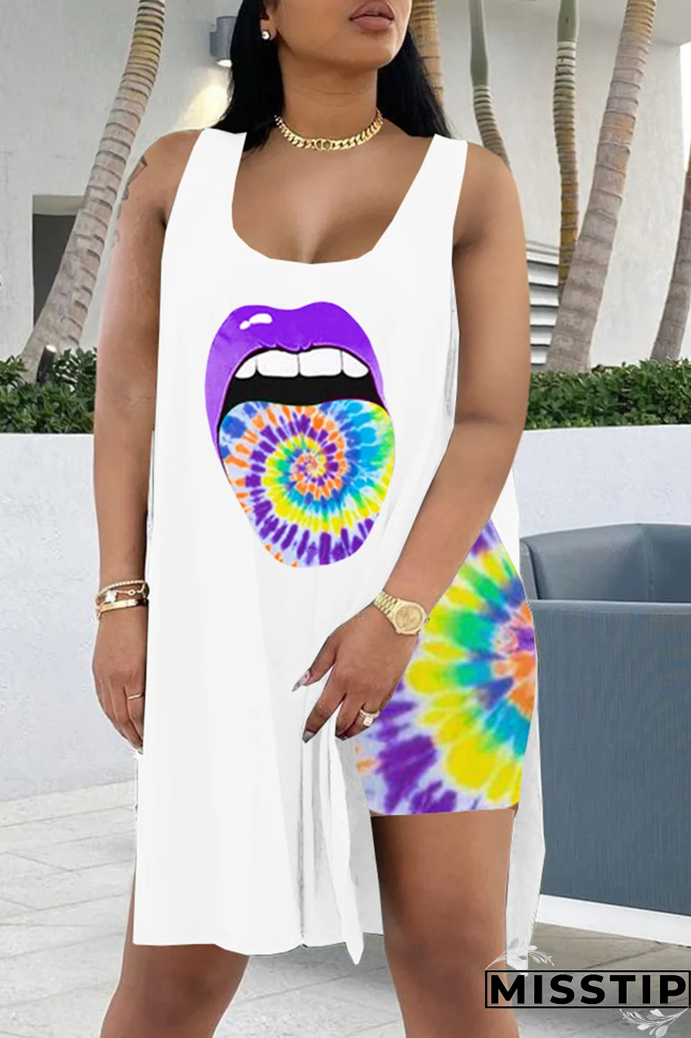 Green Sexy Print High Opening U Neck Sleeveless Two Pieces