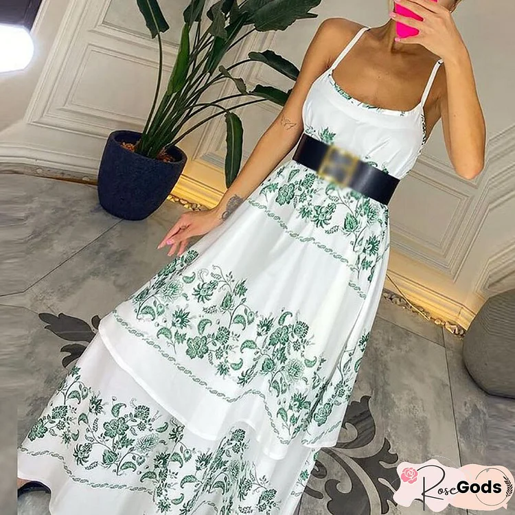 Elegant Casual Hem Spaghetti Strap Party Dress Sexy Off Shoulder Low O Neck Long Dress Summer Ruffle Floral Print Loose Dresses