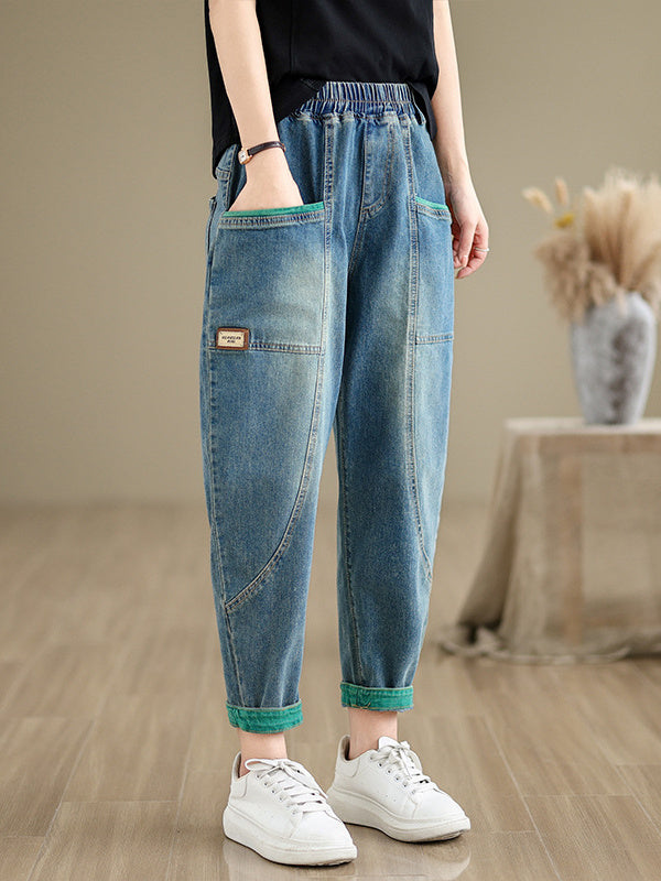Women's loose Casual Vintage Colorblock Oversized Jeans Pants