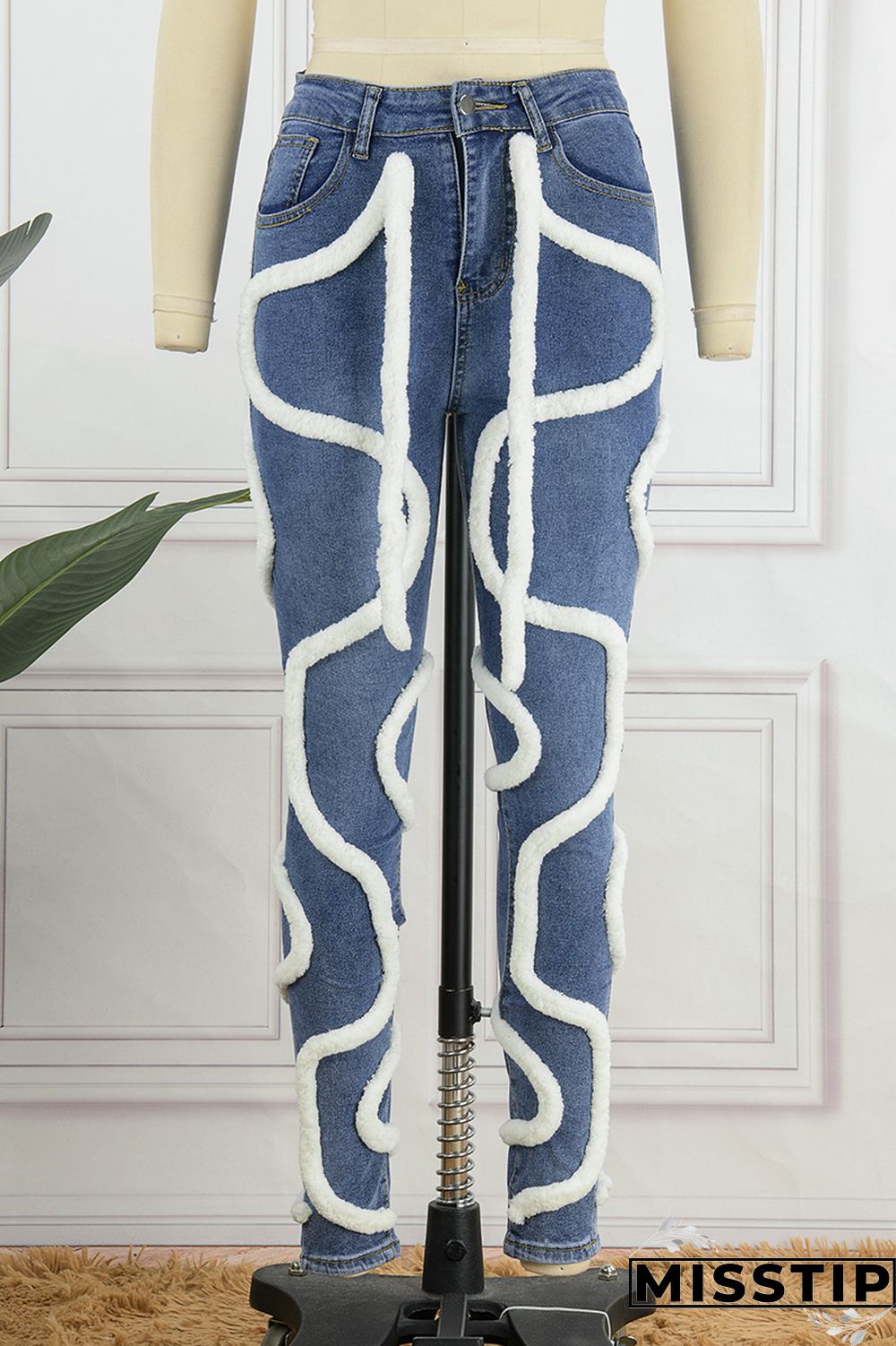 Light Blue Casual Solid Patchwork Mid Waist Regular Denim Jeans