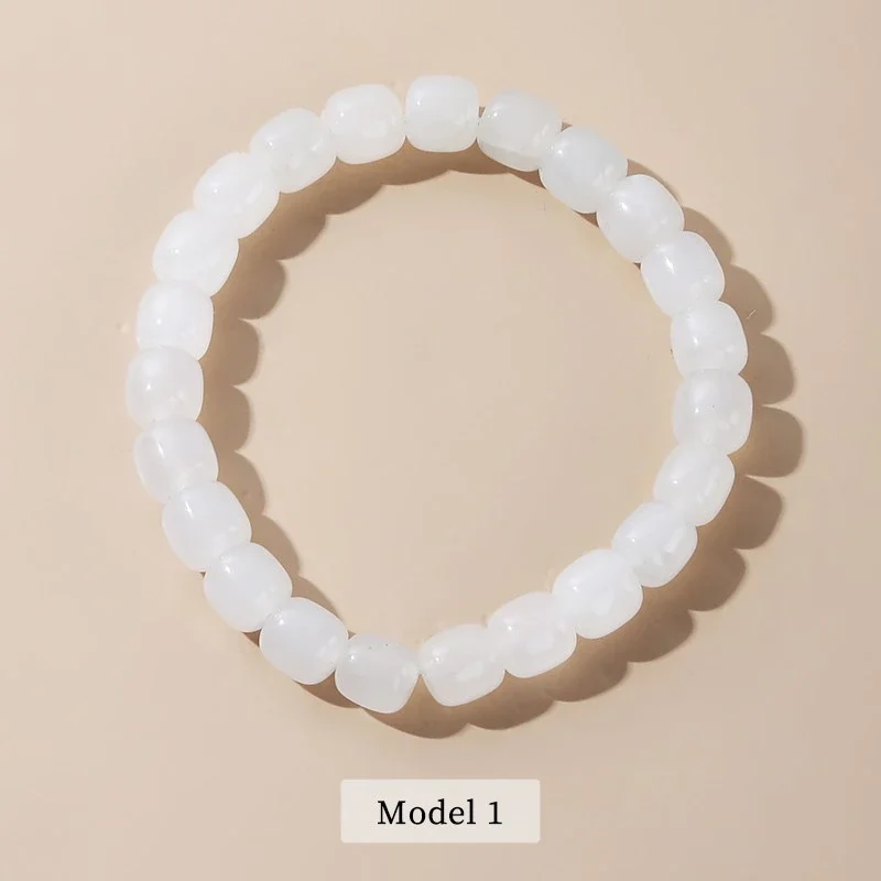 Authentic Natural White Jade Bracelet with Barrel-Shaped Beads and Golden Separator for Women, Handmade with Elastic Band and Jade Stones - Fashionable Jade Wrist Bracelet