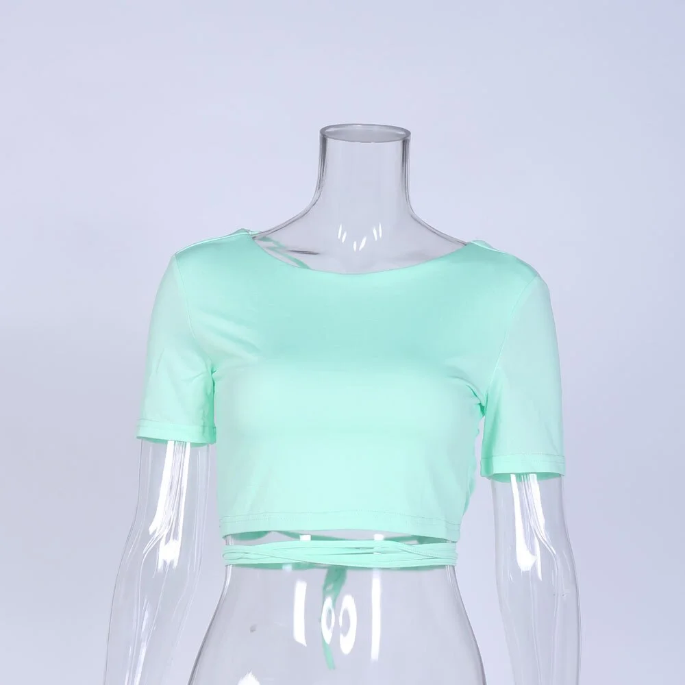 Cryptographic Fashion Summer Solid Lace Up T-Shirts Sexy Backless Women Tops Basic Tee Shirt Slim Female Cropped Tops Streetwear