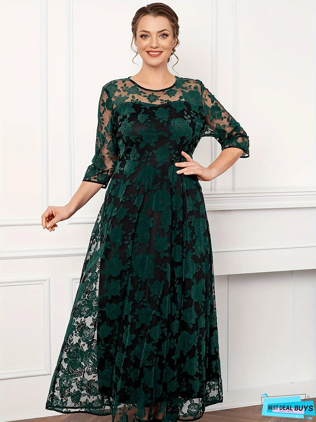 Plus Size Elegant Dress, Women's Plus Floral Print Contrast Mesh Three Quarter Sleeve Round Neck Maxi Dress