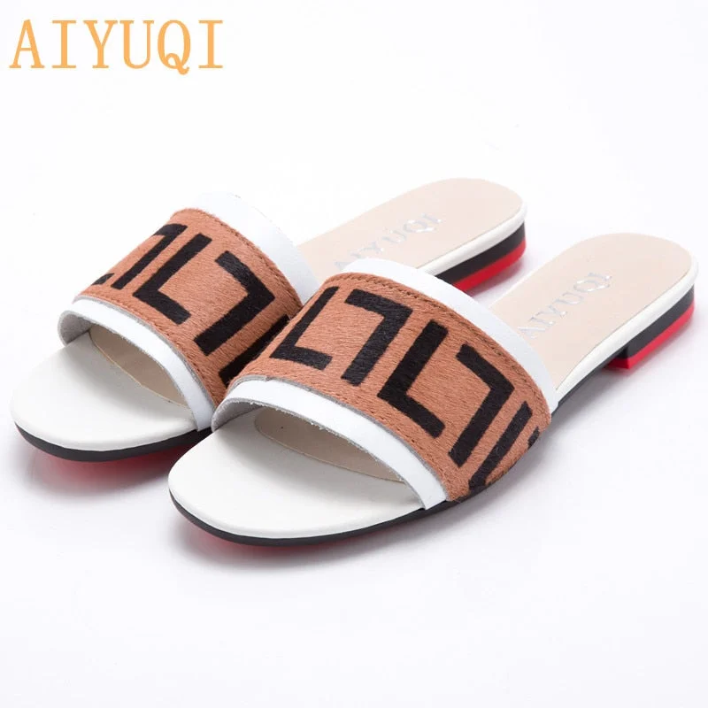 AIYUQI Women Slippers 2021 New summer Genuine Leather Flat Women slides  Mohair Casual Outdoor Slippers Women shoes