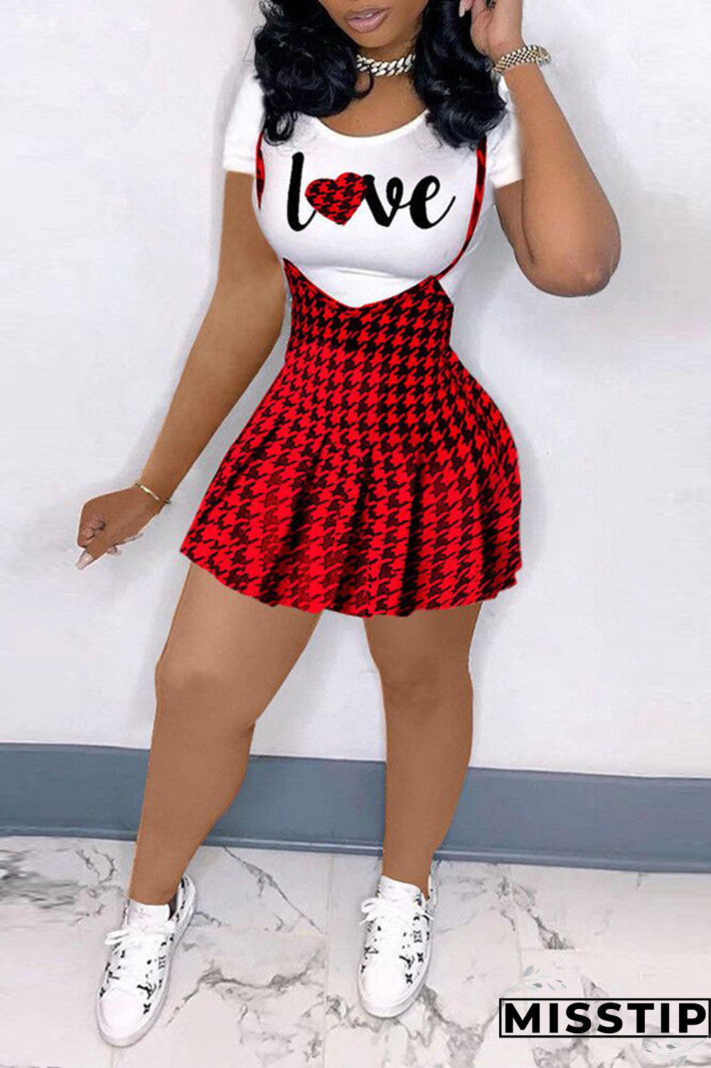 Red Casual Plaid Patchwork O Neck Short Sleeve Two Pieces