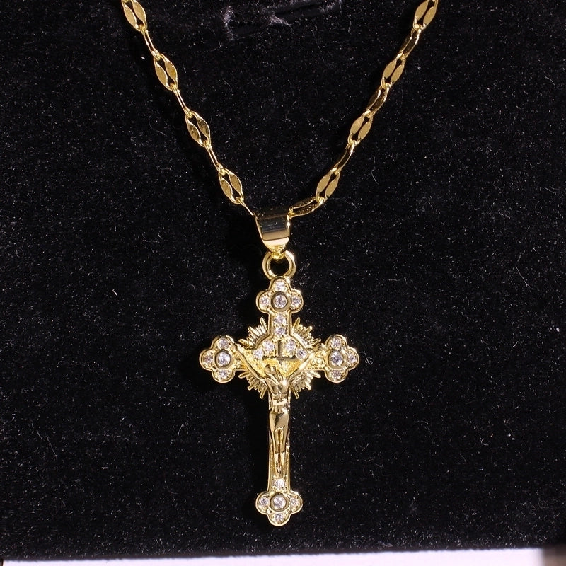 Vintage Style Religion Cross Jesus Copper Zircon 14K Gold Plated Plating Pendant Necklace