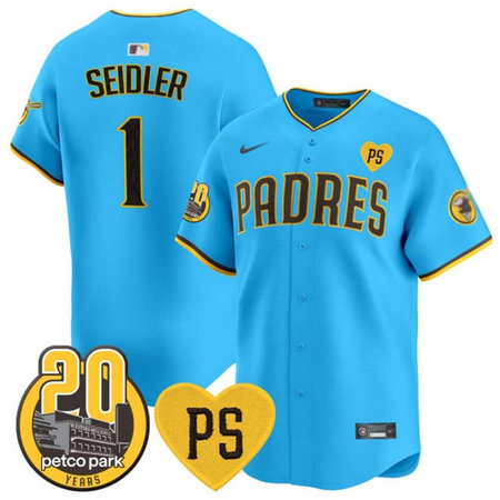 Youth San Diego Padres #1 Peter Seidler Blue "For Peter" And Petco Park 20th Patch Limited Jersey