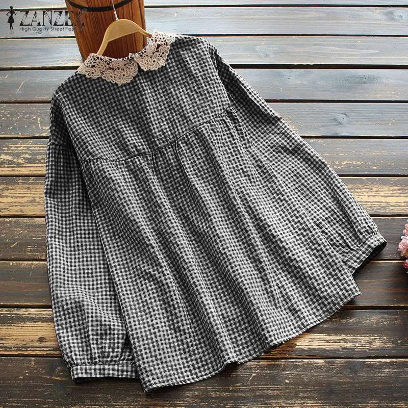 Oversized Vintage Blouse Women Long Sleeve Plaid Shirt ZANZEA Retro Autumn Casual Lace Patchwork Tops Button Blusas Chemise