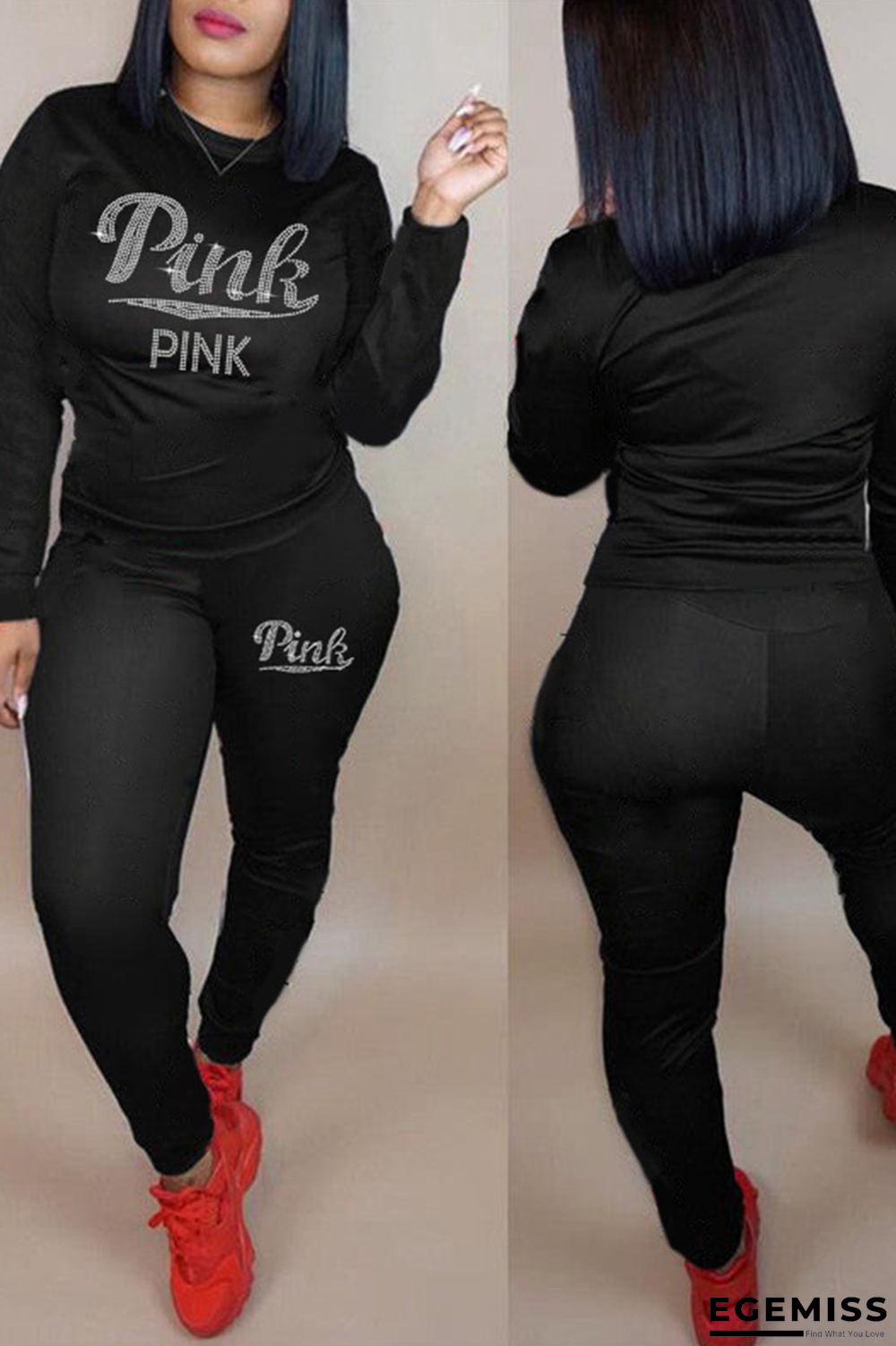 Black Casual Print Patchwork O Neck Long Sleeve Two Pieces | EGEMISS