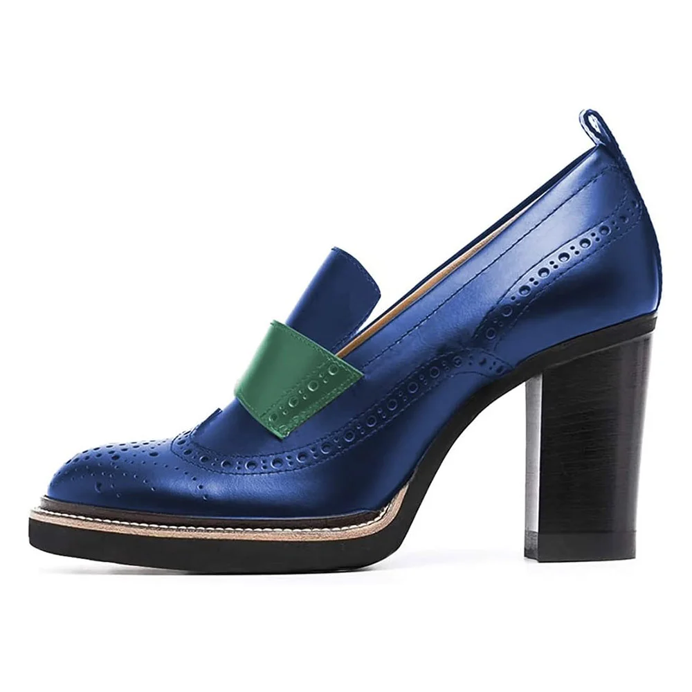 Blue Round Toe Perforated Pattern Chunky Heel Women's Loafers