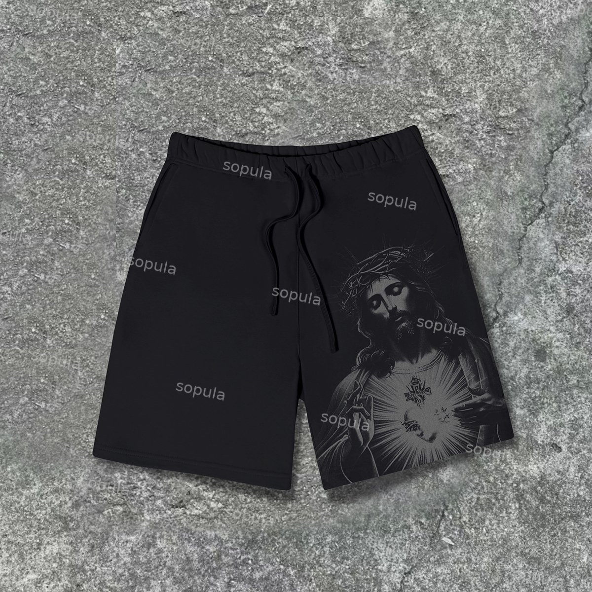 Casual Drawstring Vintage Jesus Print Shorts