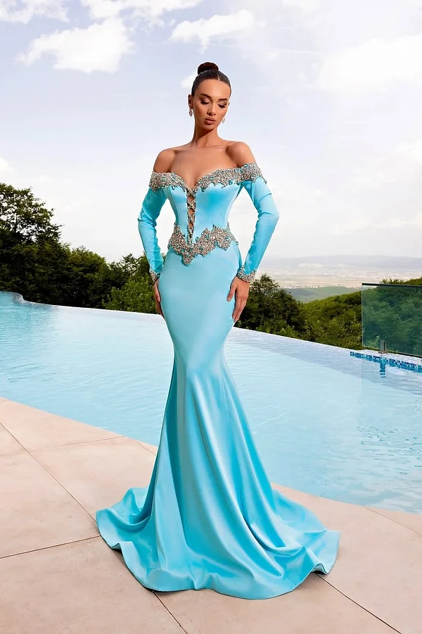 Daisda Pretty Long Sleeves Strapless V-Neck Beads Mermaid Prom Dress