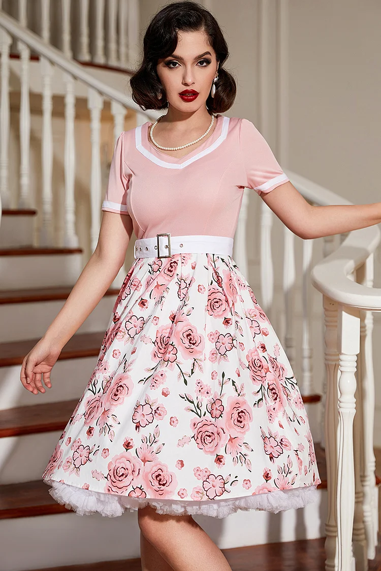 1950s Retro Pink Floral Print A-Line Puff Skirt Midi Dress