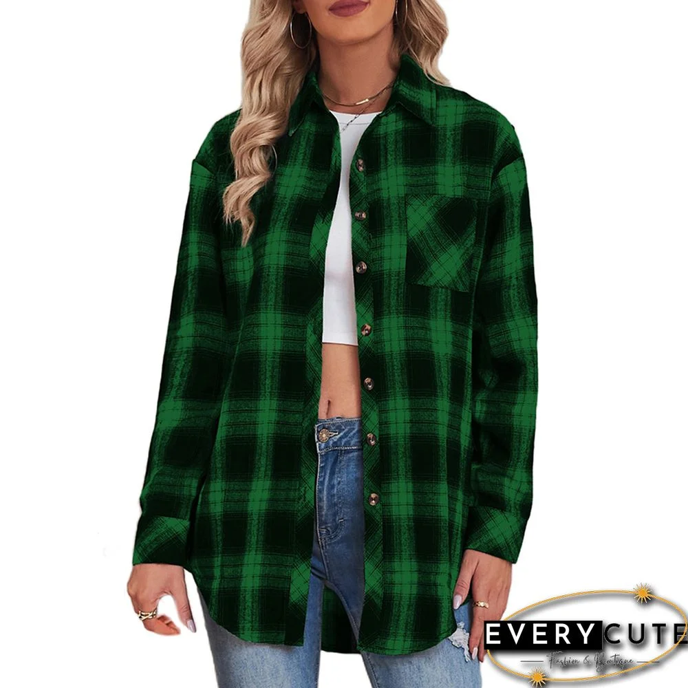 Green Plaid Print Loose Style Lightweight Shirt Jacket