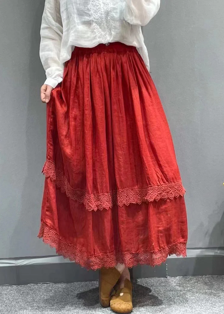 Beautiful Red elastic waist Lace Patchwork Linen pleated Skirt Summer