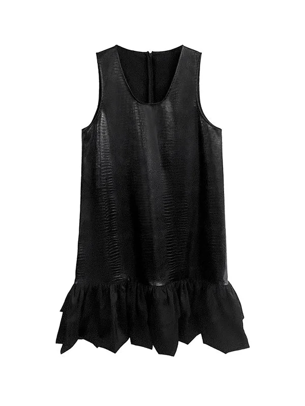 Goth Black Loose U-Neck A-Line Double Layered Ruffled Hem Sleeveless Dress