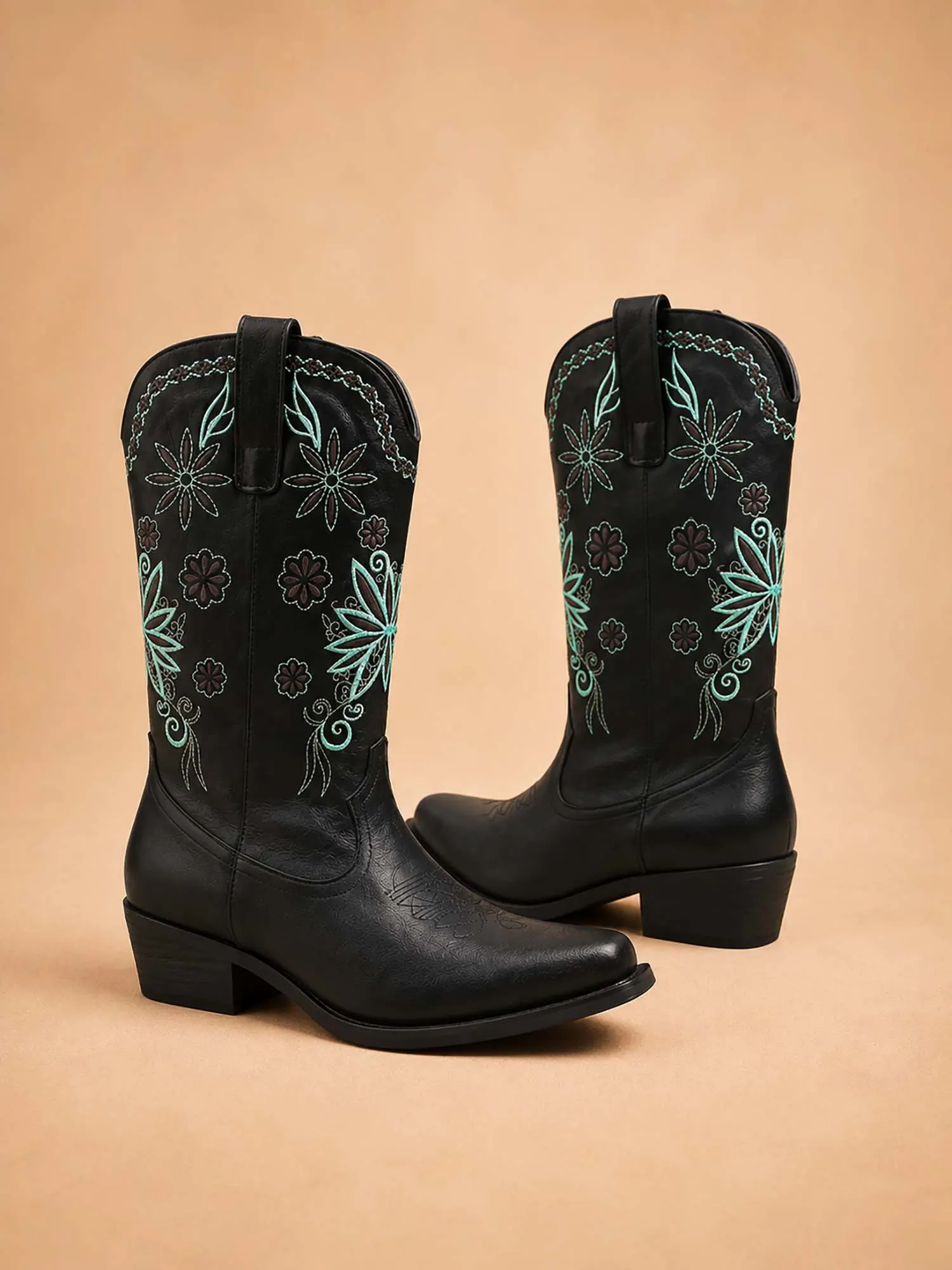 Standout at a Countryside Holiday, Deep Black, Elegant Embroidered Details, Skin-Friendly PU, Women's Statement Boots