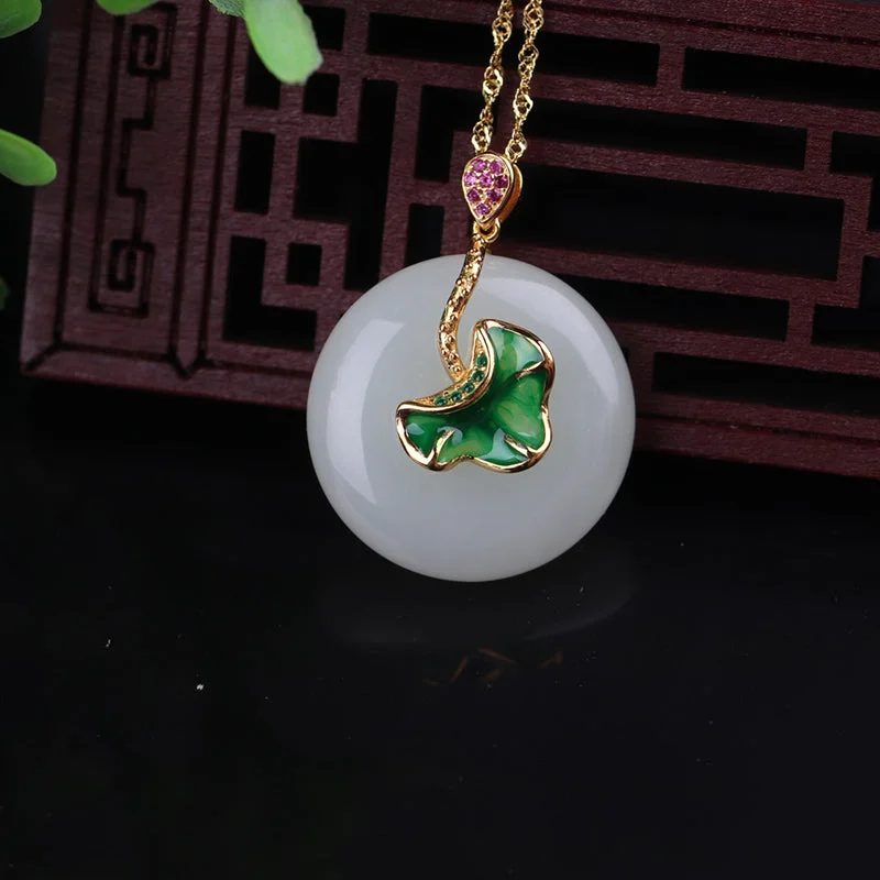 925 Sterling Silver White Jade Lotus Flower Leaf Protection Necklace Pendant