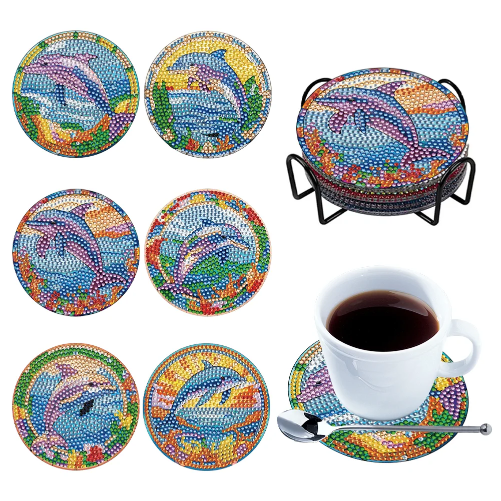 8PCS Special Shape Diamond Painting Coasters Kits (Dolphin Stained Glass)