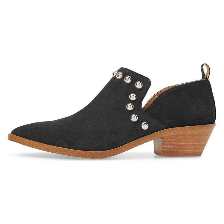 Black Studs Pointed Toe Ankle Booties with Block Heel Vdcoo
