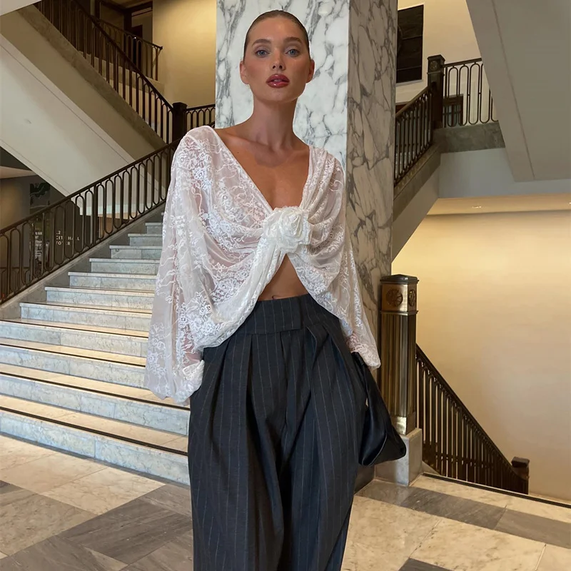 Uveng Uveng Winter Women's Sexy Fashion Temperament Lace Jacquard Perspective Long Sleeve Jacket Women