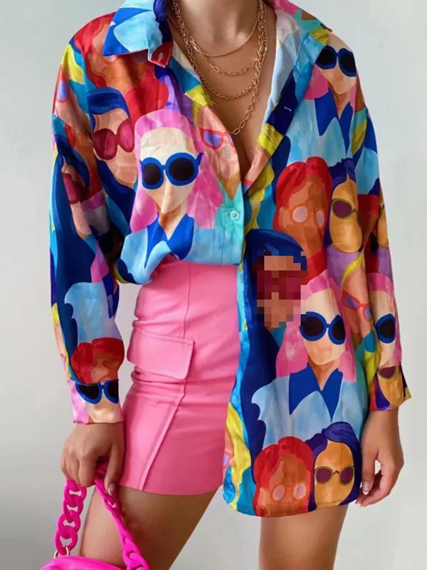 Printed Figure Buttoned Loose Long Sleeves Lapel Blouses&Shirts Tops BLUE-L
