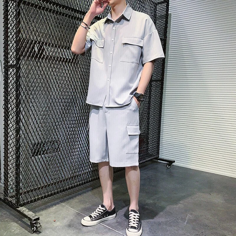 Woherb Summer Men's Set Korean Casual Striped Short Sleeve Shirts Knee-length Elastic Shorts Chest Pockets