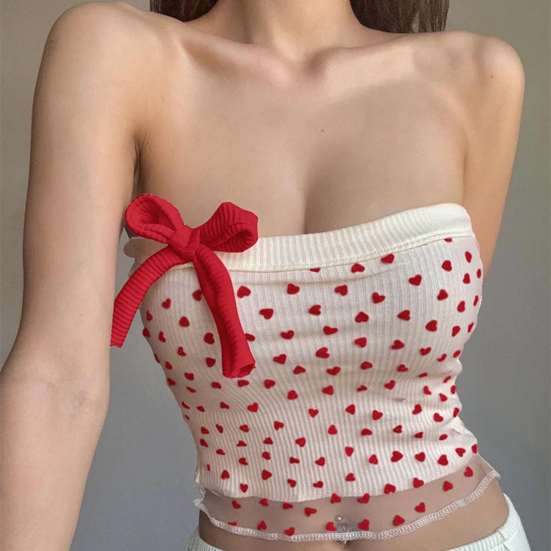 Uveng Uveng Summer New Sexy Hot Girl Pure Desire Bow Tie With A Word Shoulder Short Money Wipe Chest Vest