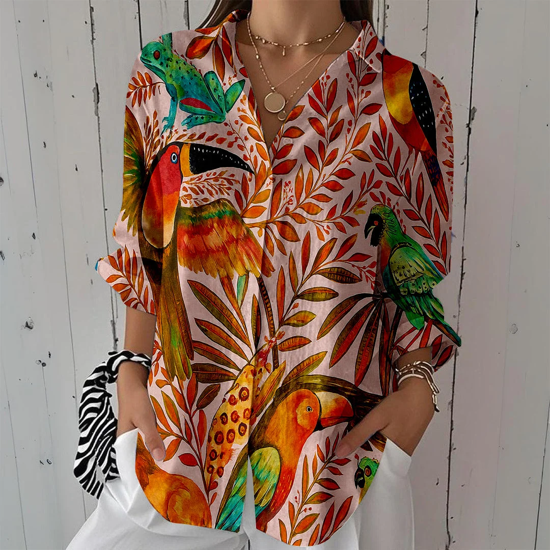 Style & Comfort for Mature Women Women Tropical, Pink, Green DZCL0121 3/4 Sleeve Shirt Collar Printed Button Tops