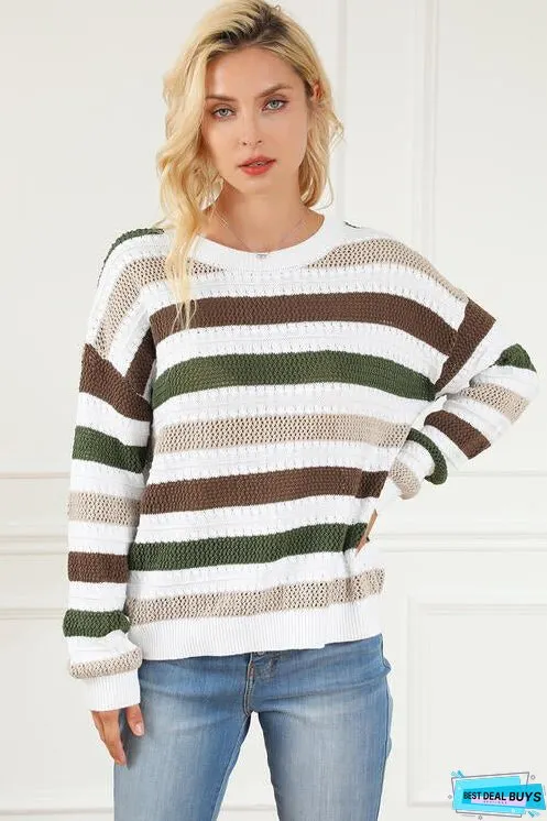 Striped Openwork Dropped Shoulder Sweater