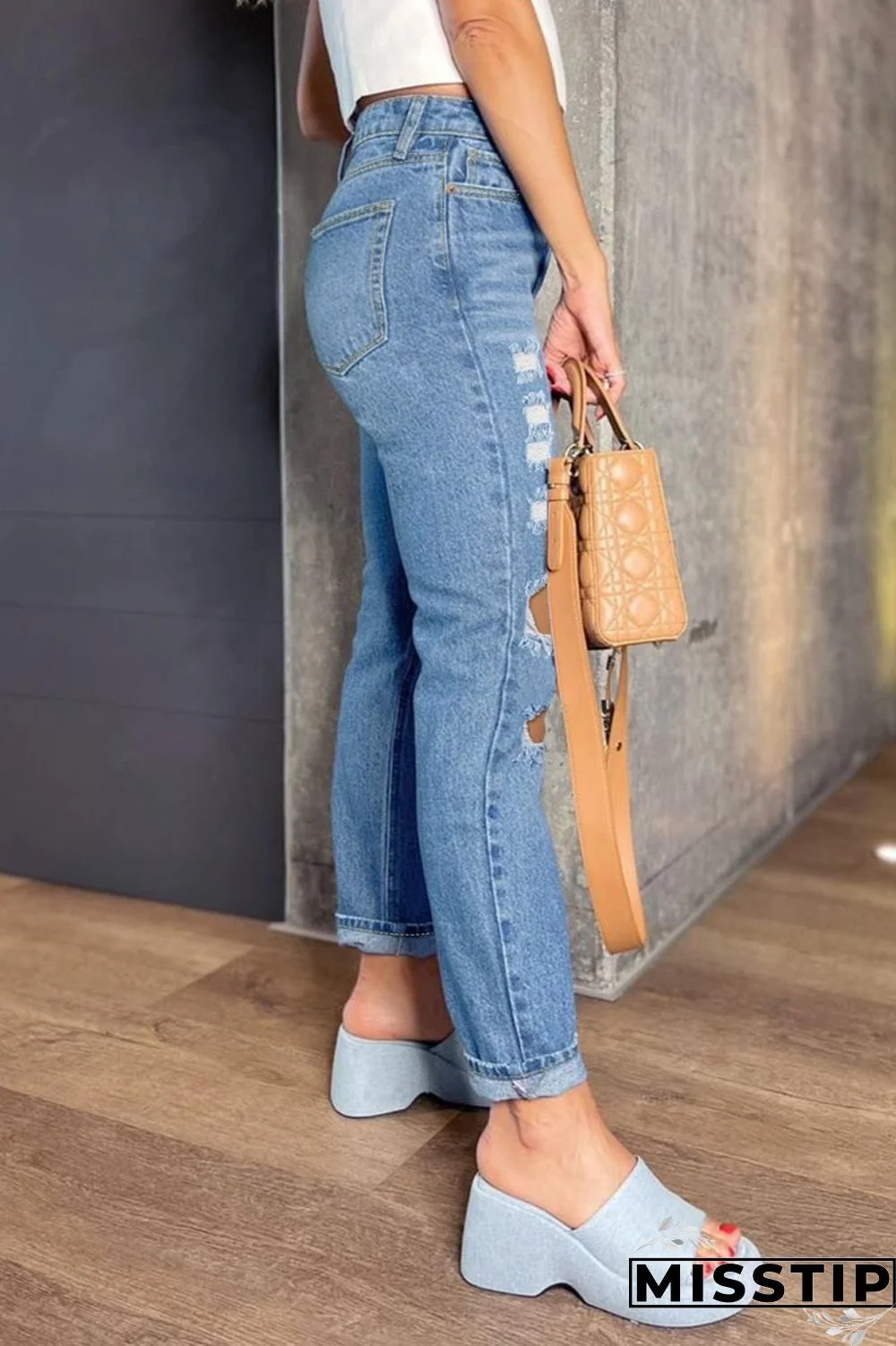 Blue Casual Solid Ripped High Waist Regular Denim Jeans