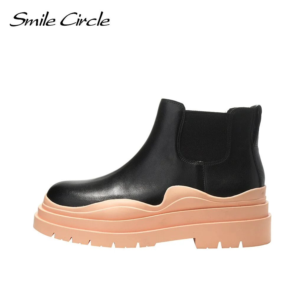 Smile Circle Ankle Boots Women Flats Platform shoes Genuine Leather Fashion Thick bottom Ladies Short Boots 2021