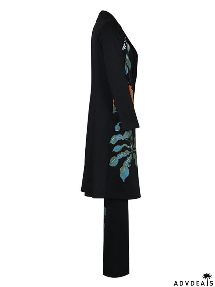 Floral Printed Long Coat Tank Top Pants Outfits 3 Pieces Sets