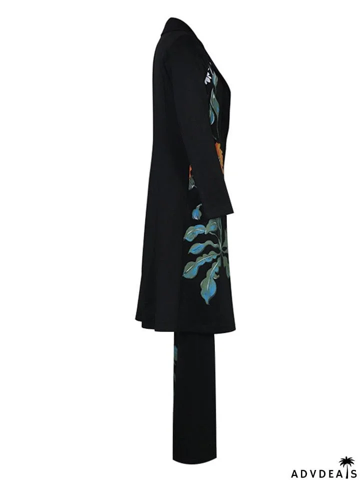 Floral Printed Long Coat Tank Top Pants Outfits 3 Pieces Sets